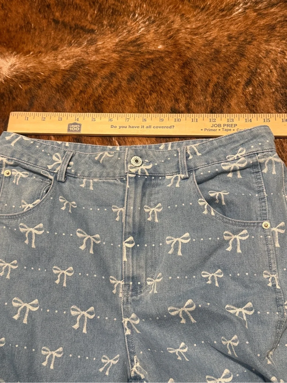 Entro Bow Print Denim Vest and Barrel Pants Set Womens Size L Coquette Monochrom